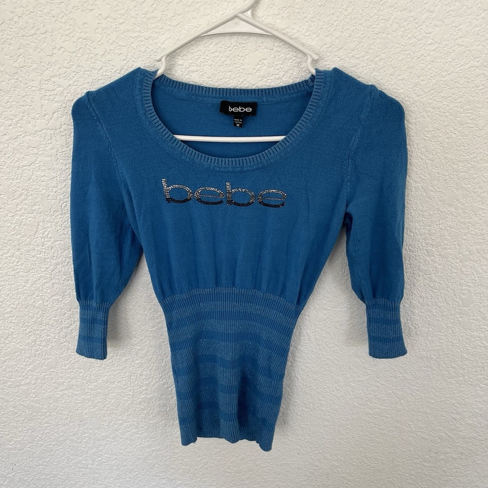 VTG BEBE Women's Rhinestones Sweater Top Size Medium Blue Ribbed 3/4 Sleeve Y2K